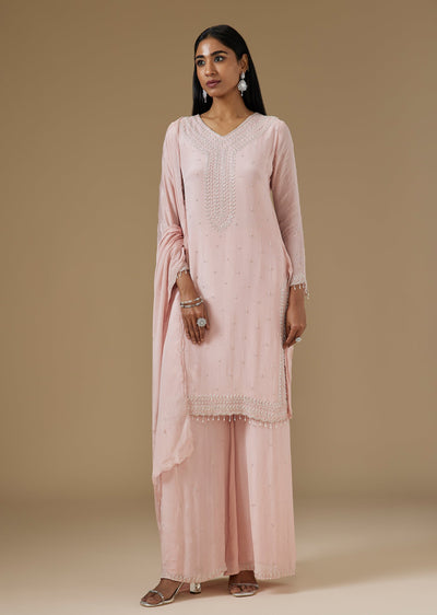 Peach Chinon Palazzo Suit With Scattered Butti And Moti Embroidery