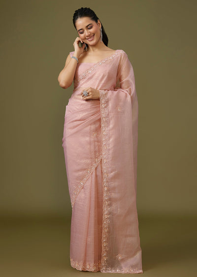 Peach Crush Tissue Saree With Hand Embroidered Border