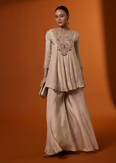Peach Crushed Tissue French Knot Embroidered Kurta Palazzo Set