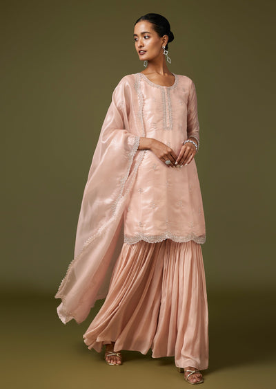Peach Cut Dana Chinon Sharara Suit With Dupatta