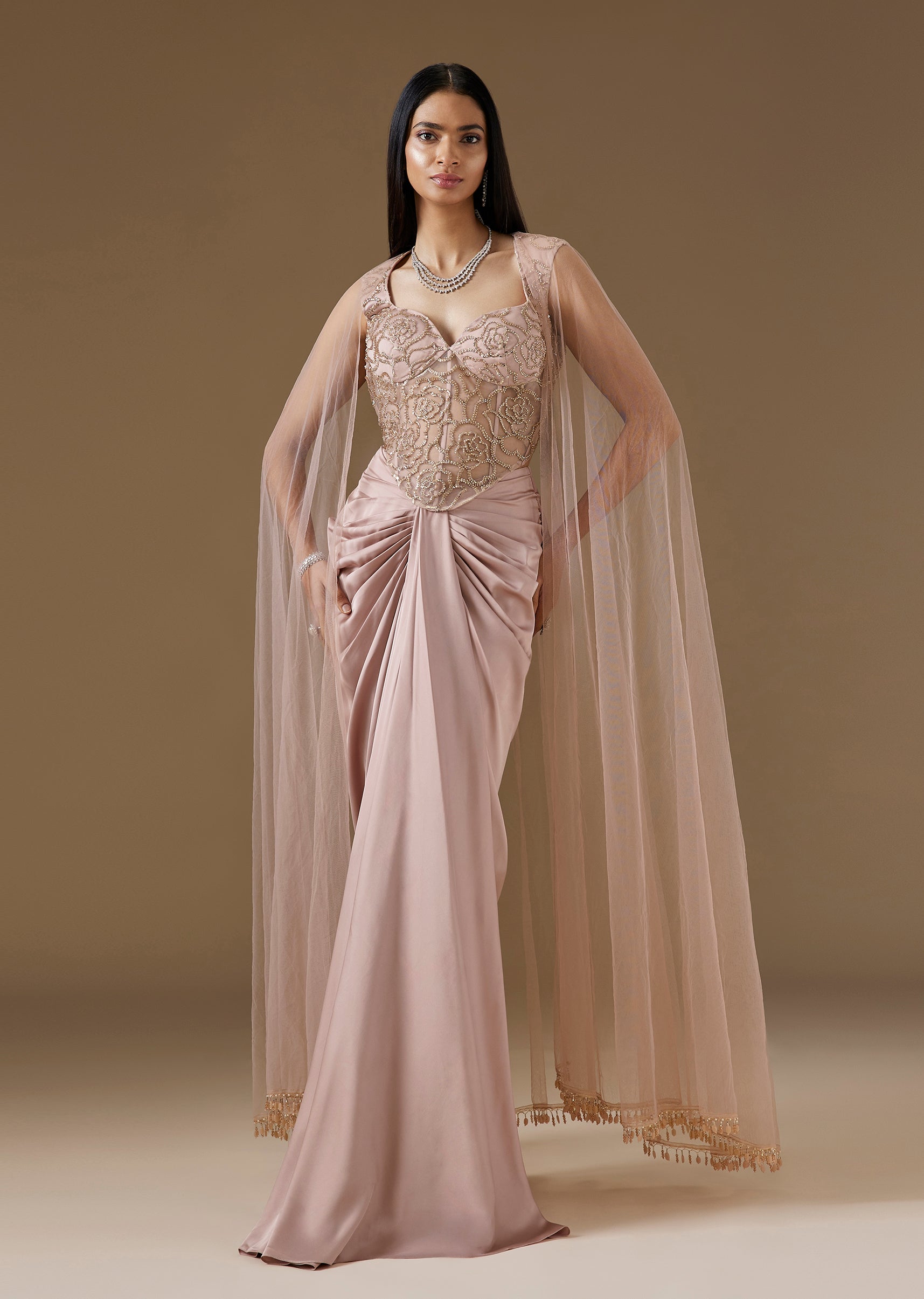 Peach Cutdana Crop Top With Satin Skirt And Net Cape