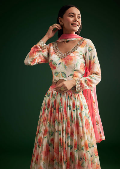 Peach Floral Printed Gown With Embellished Net Dupatta