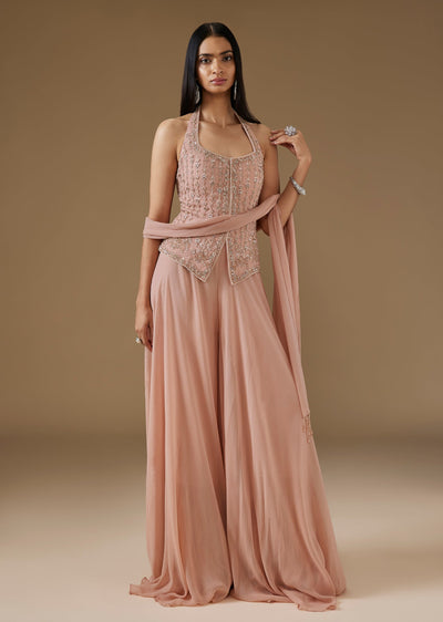 Peach Georgette Embroidered Crop Top With Palazzo And Dupatta