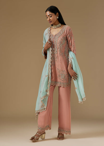 Peach Georgette Kurta Set With Resham Sequin And Bead Embroidery