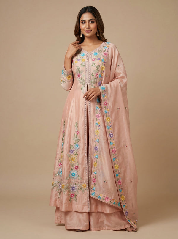 Peach Nectar Palazzo Set With Thread Work