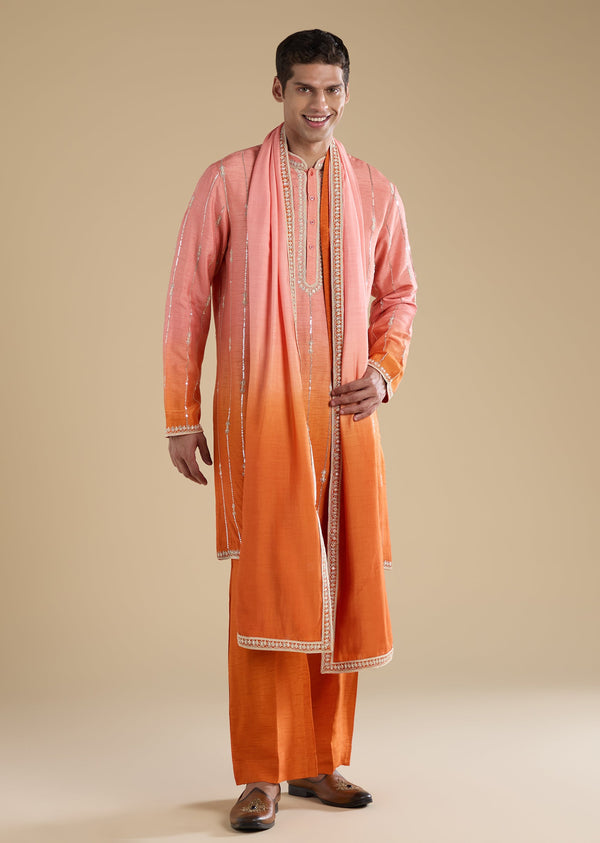 Peach Ombre Kurta Set With Dupatta And Pants