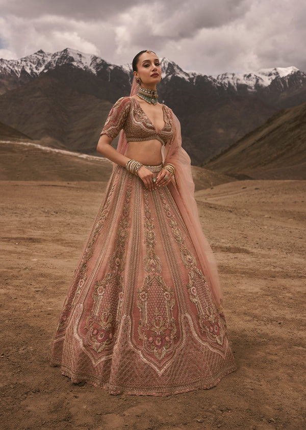 Peach Raw Silk Bridal Lehenga With Crystal Embroidery