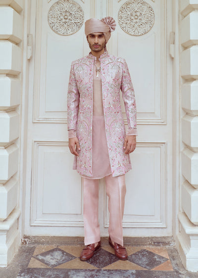 Peach Rawsilk Embroidered Sherwani Set With Dupatta