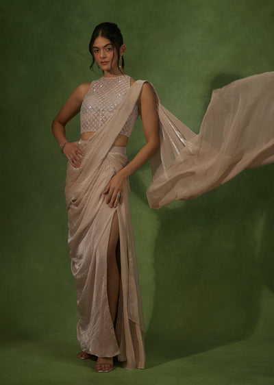 Peach Ready To Wear Saree With Embroidered High Neck Blouse