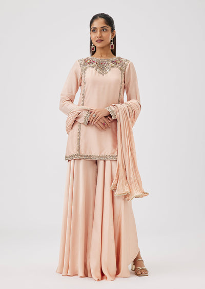 Peach Russian Silk Palazzo Suit With Zardosi Sequin And Moti Neck Embroidery