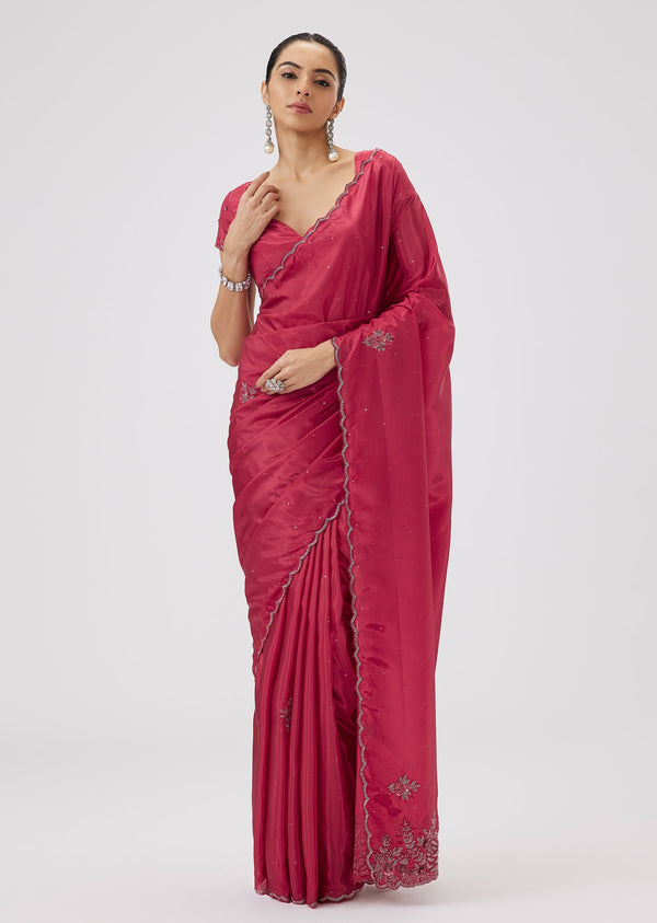 Peach Satin Saree With Cut Dana And Sequin Floral Jaal Embroidery