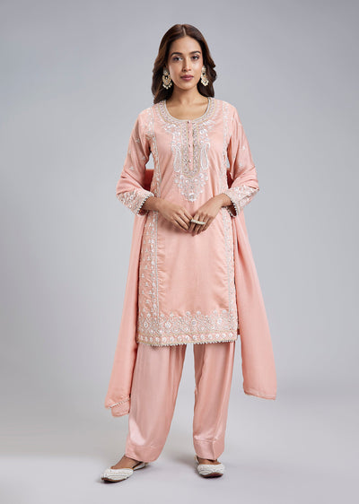 Peach Silk Blend Patiala Suit With Resham Pearl Work And Dupatta