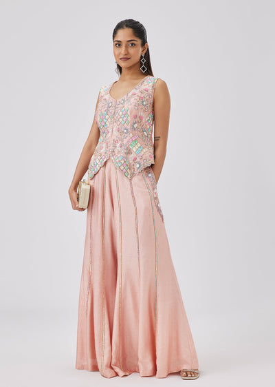 Peach Silk Crepe Crop Top Palazzo Set With Sequin Bead And French Knot Embroidery