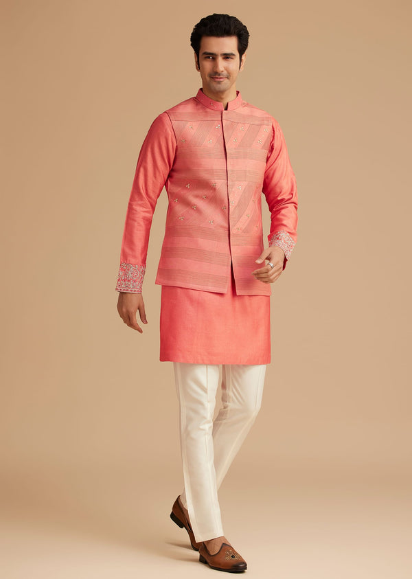 Peach Silk Kurta With Embroidered Jacket