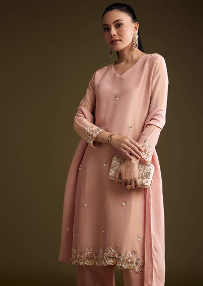Peach Tissue Kurta Set With Sequins And Moti Embroidery
