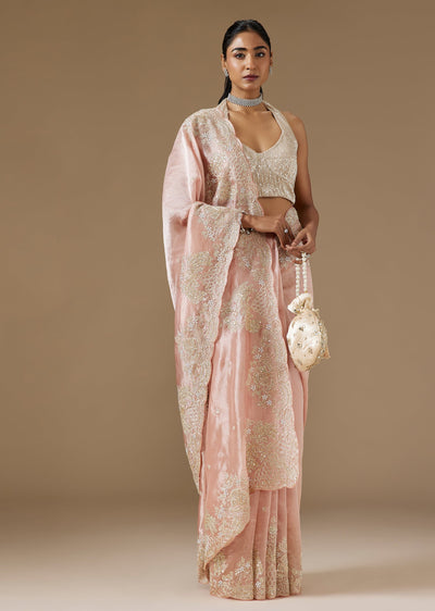 Peach Tissue Saree With Cut Dana And Sequin Embroidered Border