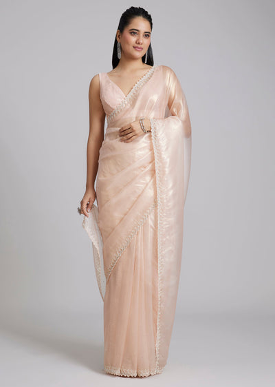 Peach Tissue Saree With Stones And Zigzag Border