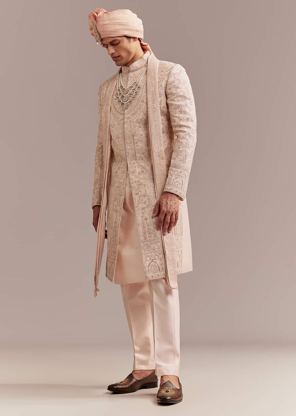 Peach Tissue Sherwani For Groom With Tonal Embroidery