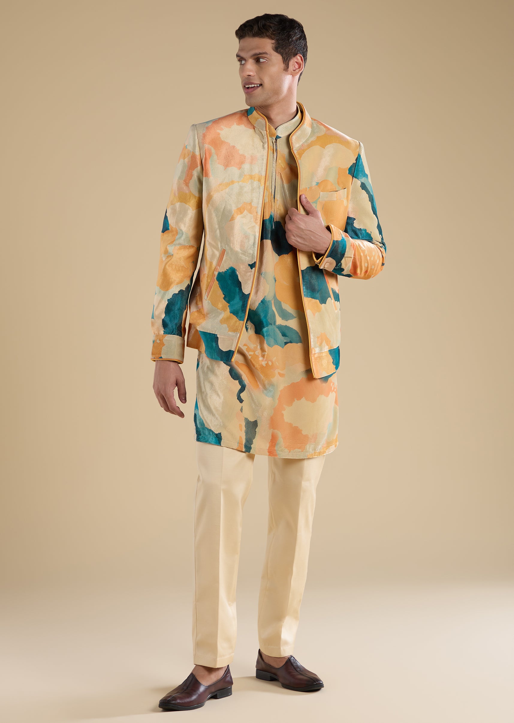 Buy Peach Velvet Jodhpuri Set With Kurta And Pants | KALKI Fashion India