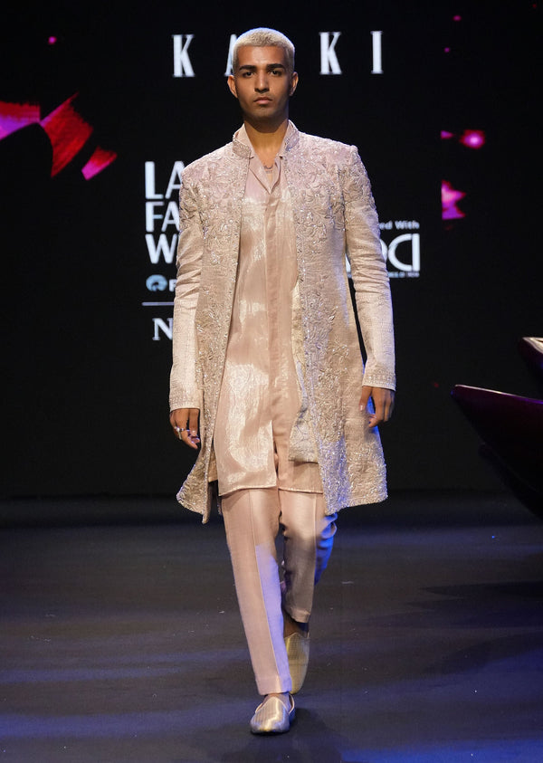 Peach Banarasi Brocade Embroidered Sherwani Suit With Floral Motifs