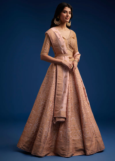 peach brocade lehenga set with zari and resham work-sg291521 9