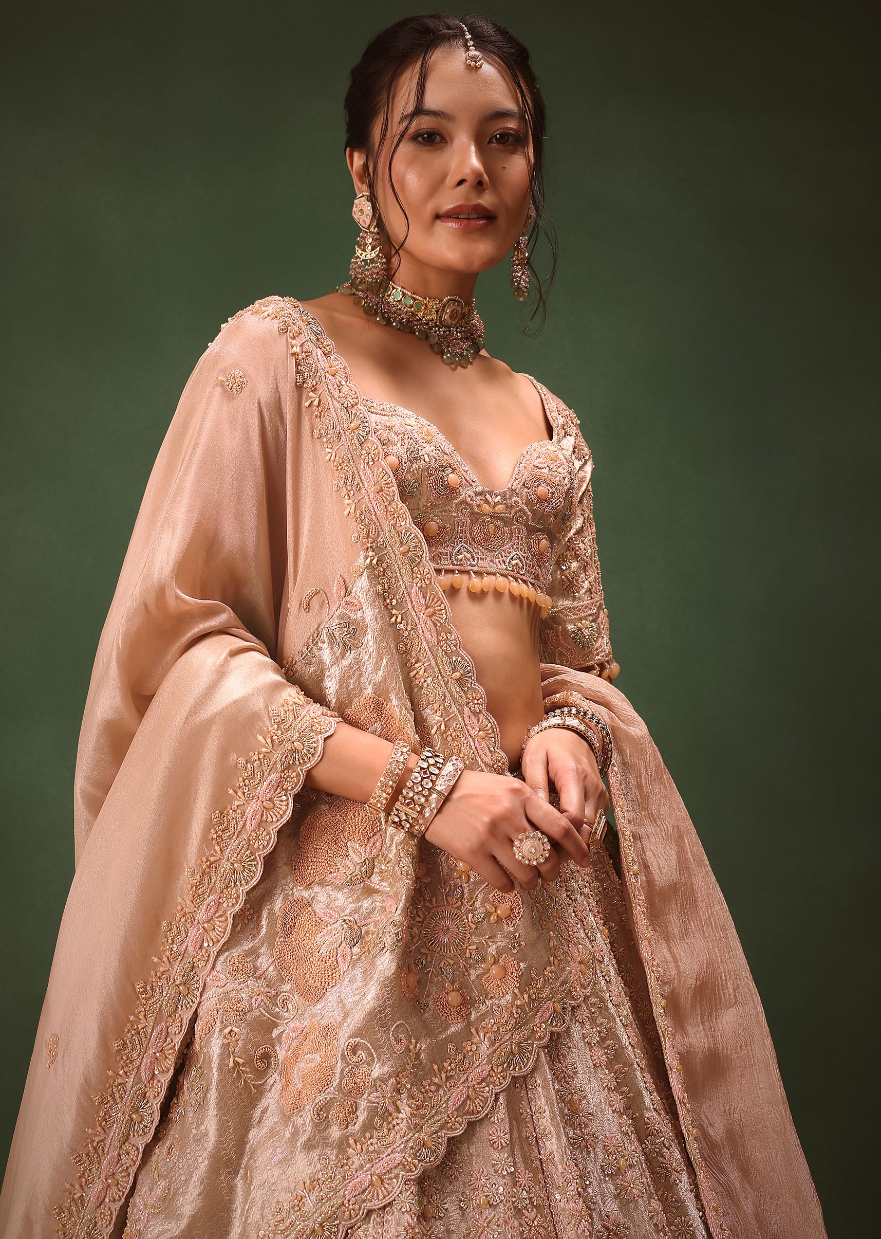 Peach Chanderi Silk Hand Work Lehenga Set With Dupatta