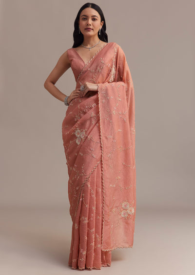 peach crushed tissue saree with cutdana and sequins jaal work-sg284497 7