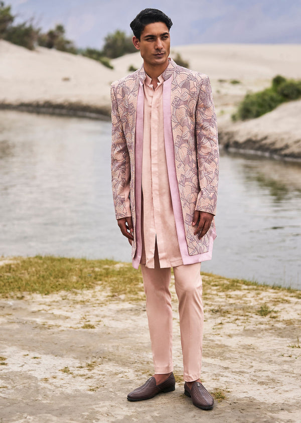 Peach Linen Sherwani With Hand Embroidery