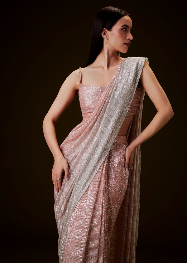 Peach Ombre Pre Drape Saree With Off Shoulder Boat Neck Blouse
