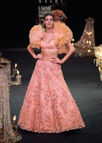 peach organza embroidered lehenga set with floral-sg226266