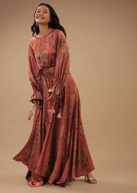 Peach Pink Satin Blouse And Skirt With Floral Print, Peasant Sleeves And High Low Hemline