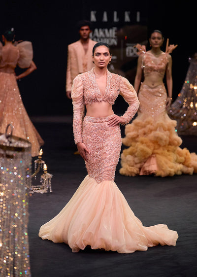 peach zardosi fishcut skirt with draped short sleeve jacket-sg226236