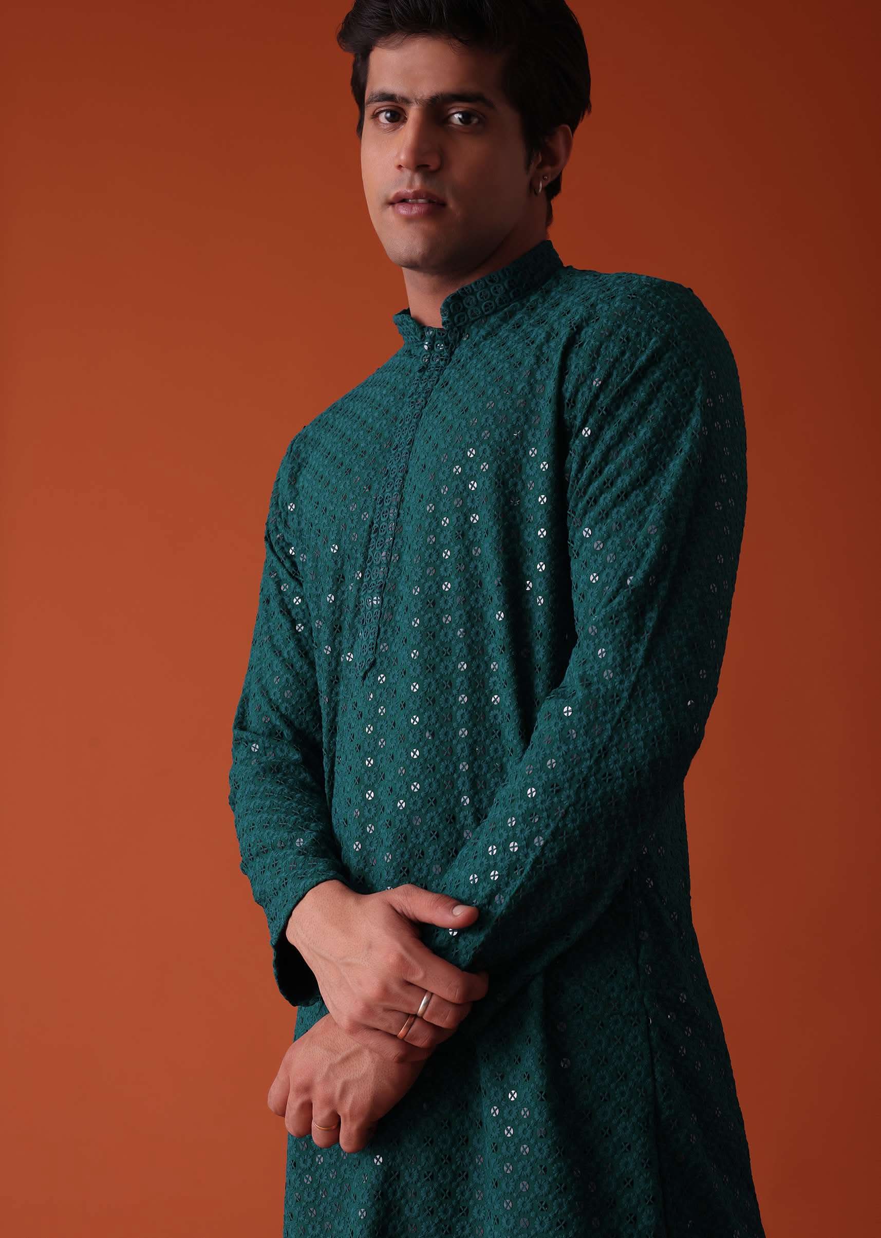 peacock green chikankari kurta set in rayon-sg133009 2