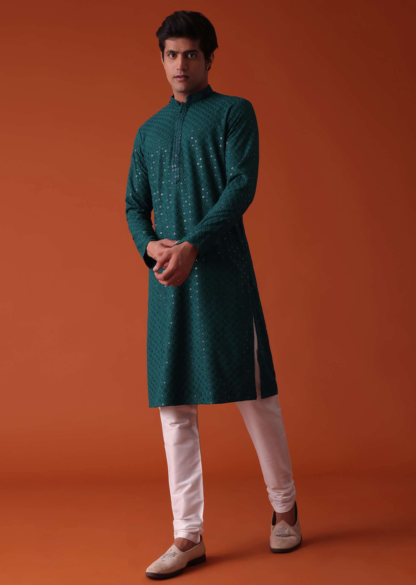 peacock green chikankari kurta set in rayon-sg133009 6