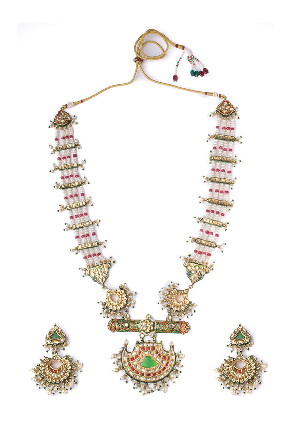 Pearl Layered Necklace Set With Green Accents And Pendant