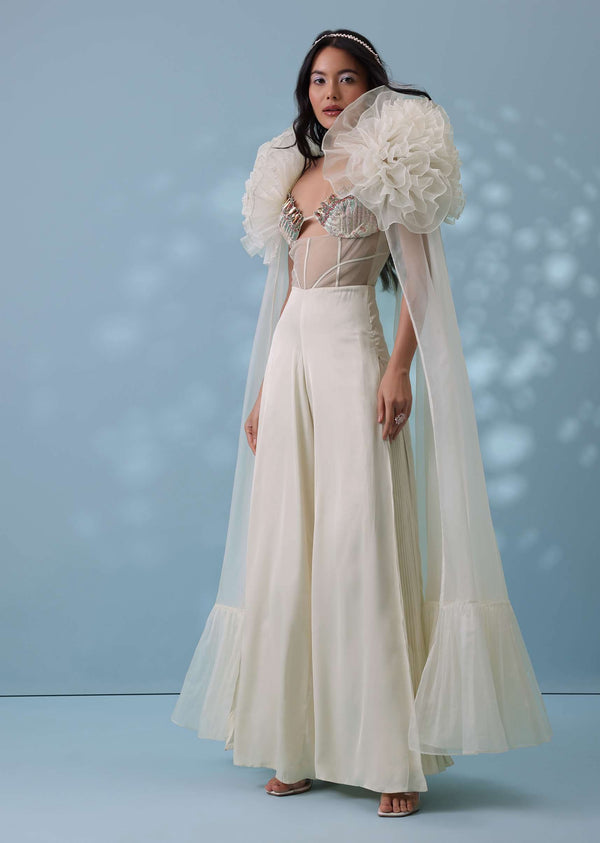 Pearl White Satin Indowestern Embroidered Jumpsuit With Net Shrug