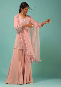 Petal Pink Sharara Suit With Cut Dana And Moti Detailed Jaal Design