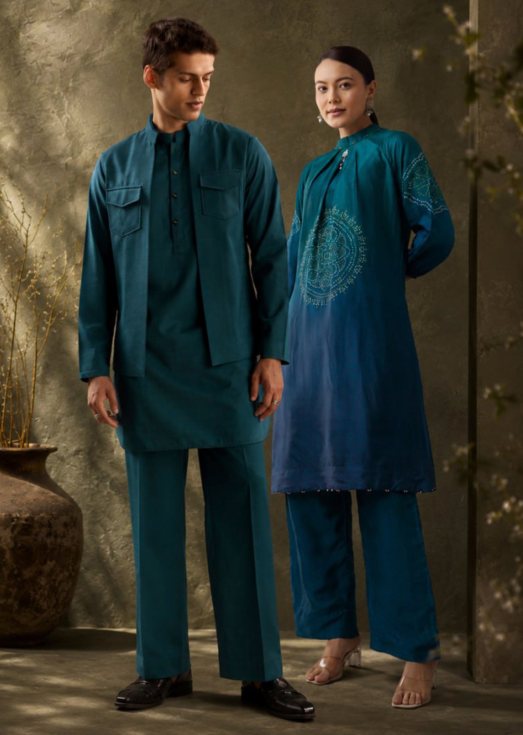 Contemporary Blue Festive Couple Set – Blue Ombre Silk Coord Set For Her And Blue Kurta Jacket Set For Him
