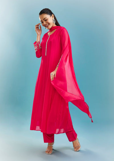Pink Anarkali Set With Mirror And Beads Work