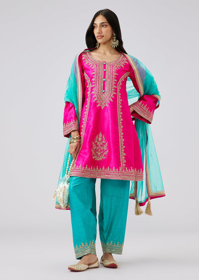 Pink And Blue Silk Zardosi Embroidered Patiala Suit Set
