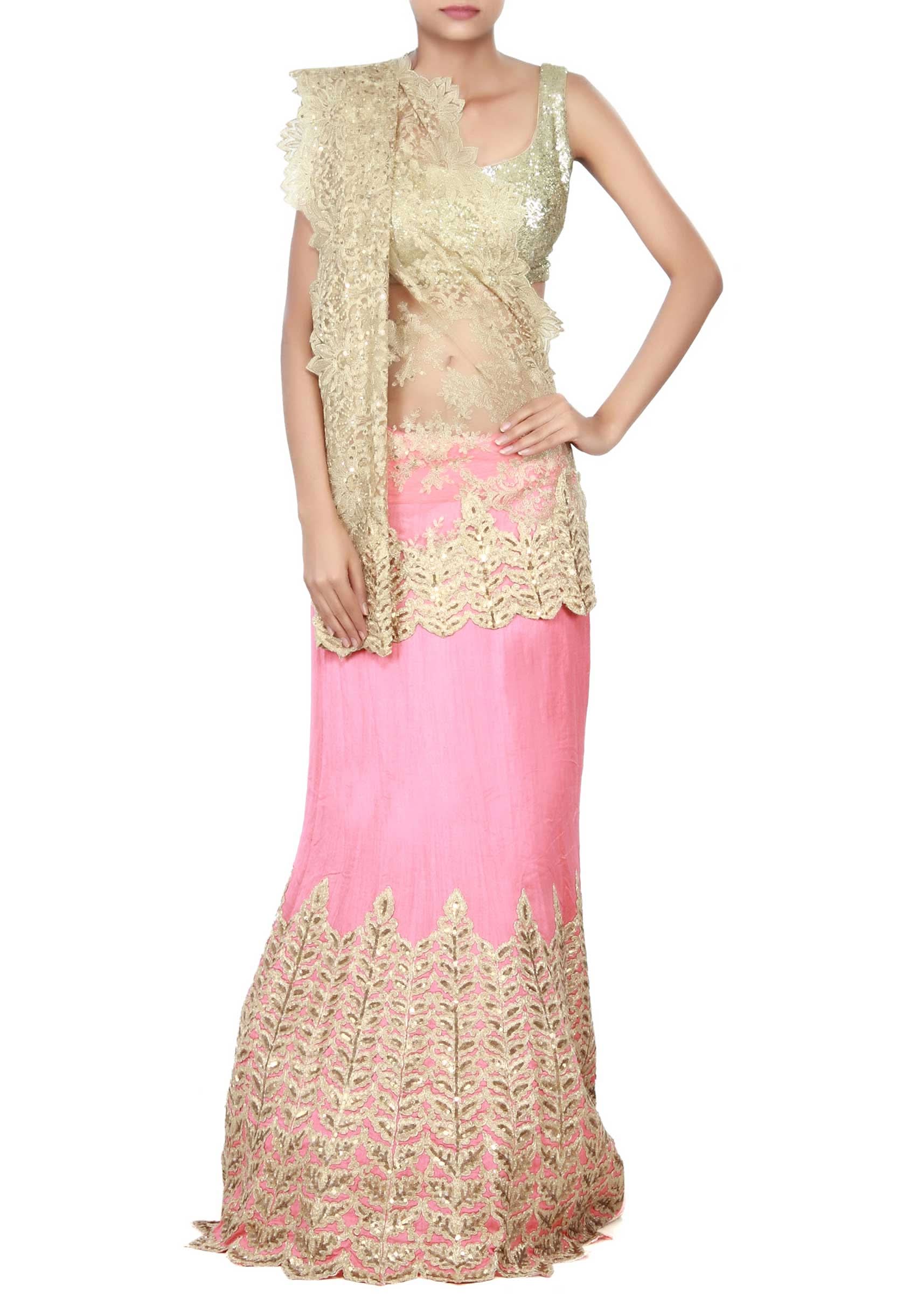 Golden pink  lehenga saree featuring in zari and sequin embroidery only on Kalki - KALKI Fashion India