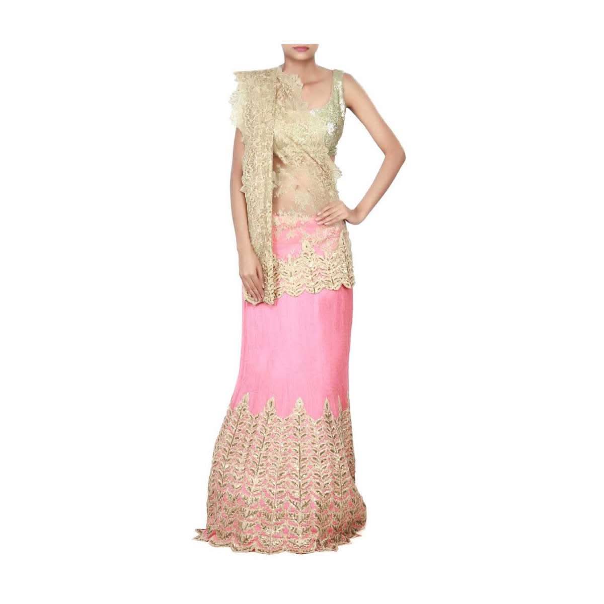 Golden pink  lehenga saree featuring in zari and sequin embroidery only on Kalki - KALKI Fashion India