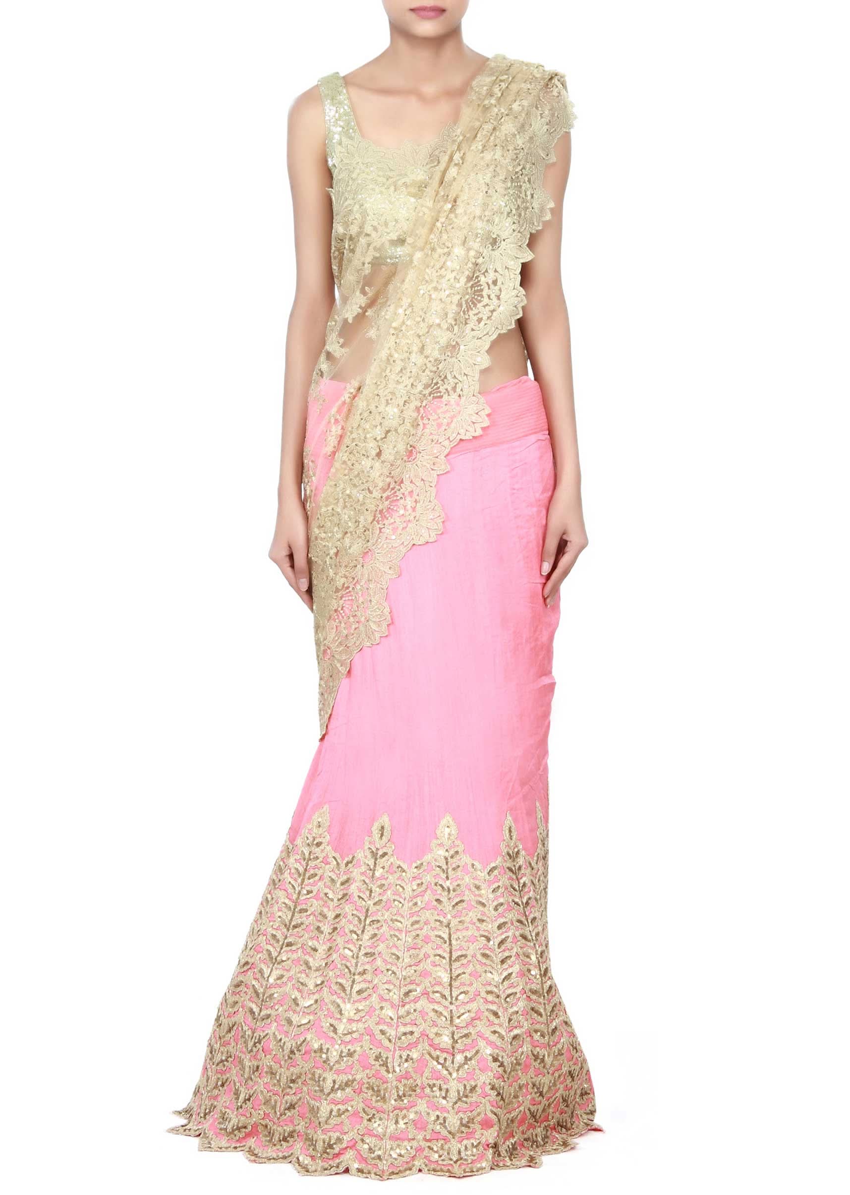 Golden pink  lehenga saree featuring in zari and sequin embroidery only on Kalki - KALKI Fashion India