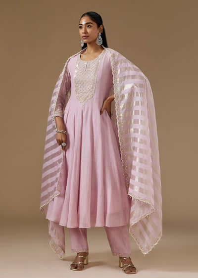 Pink Art Silk Anarkali Suit With Sequin Moti And Cut Dana Embroidery