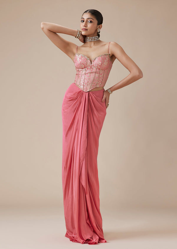 Pink Pure Banarasi Brocade Corset Drape Skirt Set