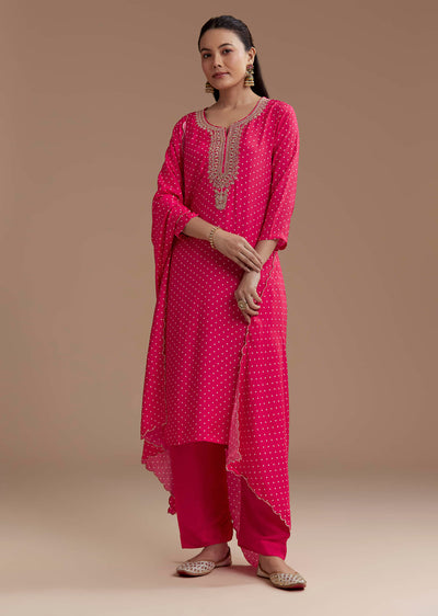 Pink Bandhani Printed Silk Kurta Set with Zari Work