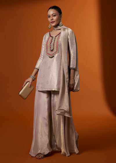 Pink Brocade Palazzo Suit Set With Zardosi And Bead Embroidery