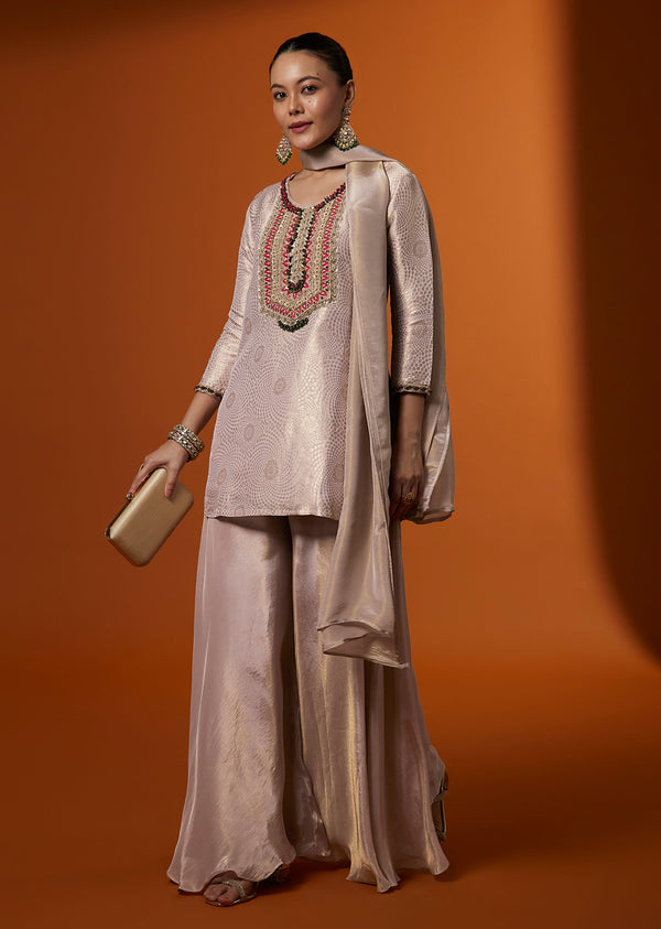 Pink Brocade Palazzo Suit Set With Zardosi And Bead Embroidery