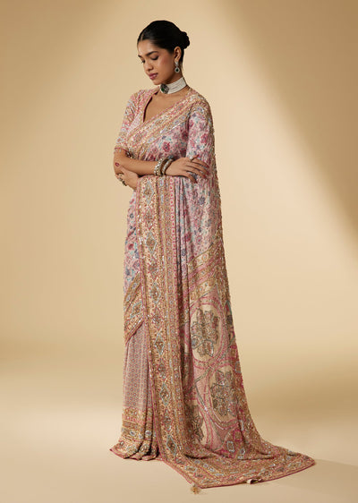Pink Chiffon Digital Print Saree With Heavy Border And Ready Stitched Blouse
