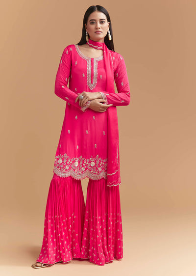 Pink Chinon Sharara Suit With Heavy Hand Embroidery